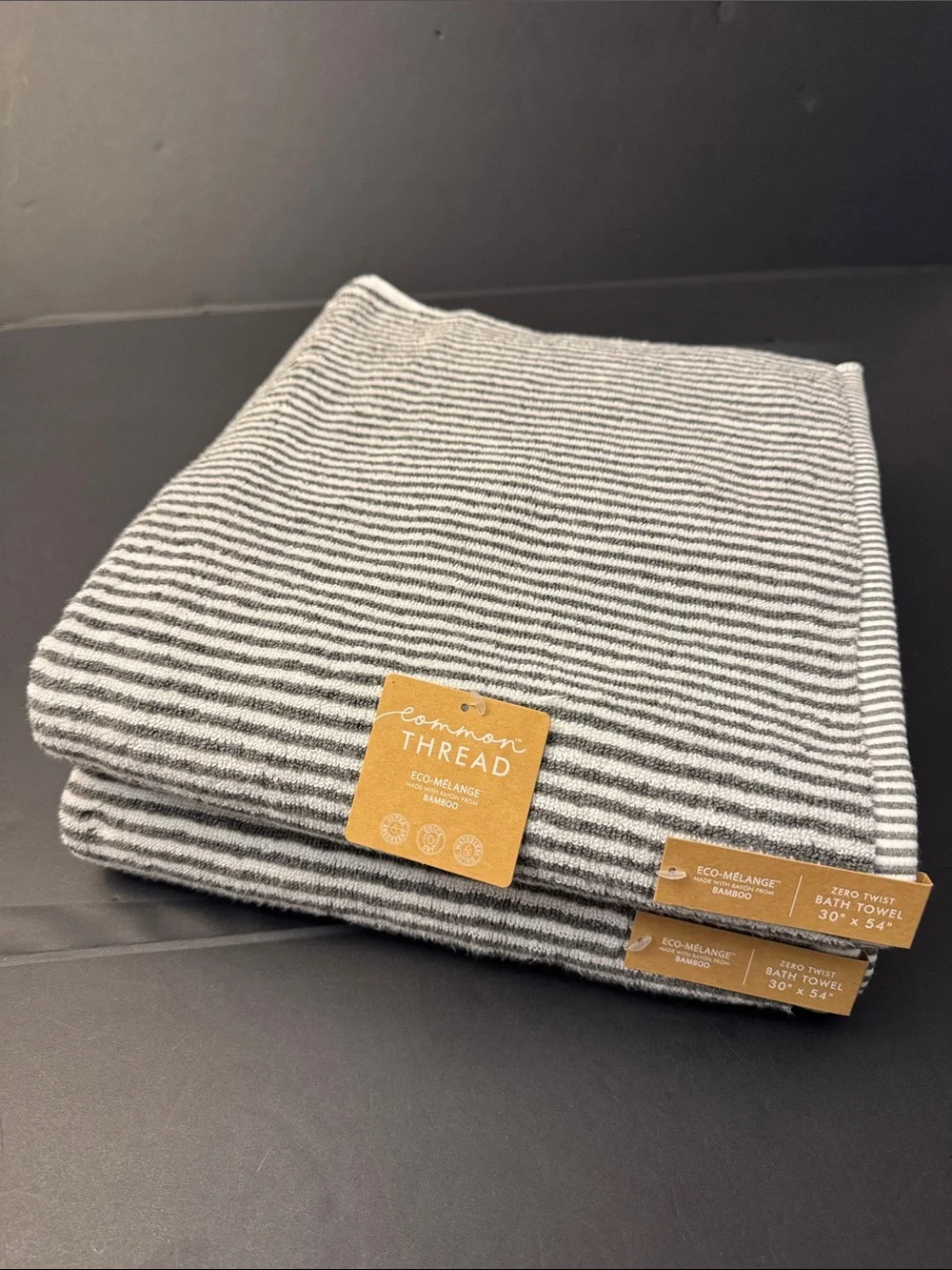 2pc COMMON THREAD Eco-Melange Bamboo Zero Twist Bath Towel Set -MINISTRIPE